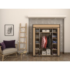 Resim Burak Plastik Profilli Çift Yandan Raflı Bej Bez Dolap Gardrop 