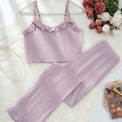 Resim Kadınların Zarif Yaka Pijama Takımı - Rahat Rahat Giyim, Düz Renk, Tüm Mevsim Uyku Giyimi, Yetişkin Bedeni, Polyester Kumaş, Rahat Uyku Giyimi|Yay Detaylı Üst|Polyester Kumaş 