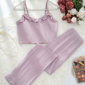 Resim Kadınların Zarif Yaka Pijama Takımı - Rahat Rahat Giyim, Düz Renk, Tüm Mevsim Uyku Giyimi, Yetişkin Bedeni, Polyester Kumaş, Rahat Uyku Giyimi|Yay Detaylı Üst|Polyester Kumaş 