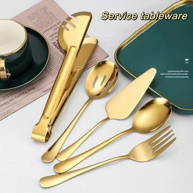 Resim 5 Parça Yüksek Kaliteli Paslanmaz Çelik Yardımcı Kelepçe Yardımcı Kaşık Yardımcı Süzgeç Çatal Kek Spatulası Seti, Büfe / Düğün / Parti / Ev Hediyesi / Festival Ayna Parlatma için Dayanıklı Yardımcı Servis Seti 