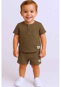 Resim Erkek Bebek Şortlu Takım Bisiklet Yaka Düğmeli Düz Renk kahverengi 