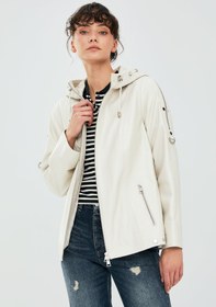 Resim Judith Kadın Krem Kapüşonlu Oversize Deri Ceket - Bej / M 