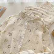 Resim Yeni Gelen Kayısı Rengi Esnek Olmayan Yüksek Kaliteli Yumuşak Çiçek Desenli Pijama Takımı, Dik Yakalı Uzun Kollu ve Pantolonlu, Nefes Alabilen İki Parçalı Ev Giyimi İlkbahar/Yaz İçin 