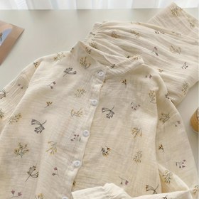 Resim Yeni Gelen Kayısı Rengi Esnek Olmayan Yüksek Kaliteli Yumuşak Çiçek Desenli Pijama Takımı, Dik Yakalı Uzun Kollu ve Pantolonlu, Nefes Alabilen İki Parçalı Ev Giyimi İlkbahar/Yaz İçin 