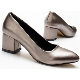 Resim Kadın Kısa Topuklu Ayakkabı Platin Şanel Malzeme Kalın Topuklu-3551 PLATIN 