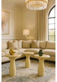 Resim Ahşap Mantar Sehpa 3 Lü Set Krem Renk Doğal Zigon Takımı Beyaz 