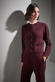 Resim Kumaş Detaylı Düğmeli Bordo Triko Hırka 