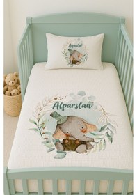 Resim %100 Pamuk İsme Özel İsimli 100x150 Cm Pike Seti Yeşil Tulumlu Fil 