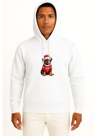 Resim Kapüşonlu Yılbaşı Yeni Yıl Köpek Göğüs Baskılı Unisex Sweatshirt Beyaz 