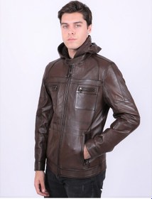 Resim New Zaya Leather Erkek Kahverengi Kapüşonlu Deri Mont Kahverengi 