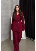Resim Kadın İkili Blazer Ceket Pantolon Takım Aksesuar Ve Düğme Detaylı Bol Paça Bordo 