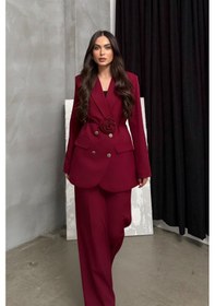 Resim Kadın İkili Blazer Ceket Pantolon Takım Aksesuar Ve Düğme Detaylı Bol Paça Bordo 