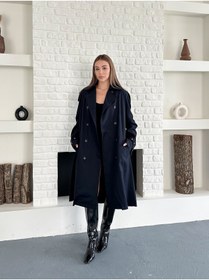 Resim Femistik Kadın Kruvaze Cepli Kemerli Uzun Lacivert Trençkot 