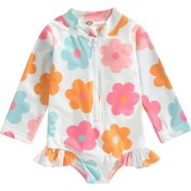 Resim Beyaz Çocuklar Bebek Kız Mayolar 12m 18m 24m 3y 4y 5y Yaz Çiçek Uzun Kollu Fermuar Ruffles Tulum Mayo Beachwear Mayo 2 - 3 Yaş Beyaz 
