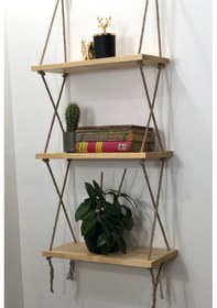 Resim O&Awood Halatlı Doğal Ahşap Dekoratif Duvar Rafı, 3 Katlı Ahşap Çiçeklik, (505266007) 