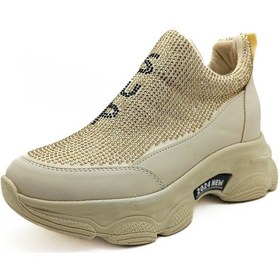 Resim Bej Renk Taş Detaylı Gizli Dolgu Topuk Lüx Tasarım Kadın Sneaker Bej 