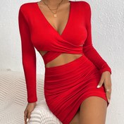 Resim Şık Kahverengi V-Yaka Uzun Kollu Vücut Sıkı Giyim Detaylı ve Ruched Bel - Esnek Polyester Karışımı, Yetişkin Kadınlar İçin Mükemmel, Tüm Mevsim Modası, Şık Kıyafet | Ruched Bel Giyim | Esnek Kumaş 