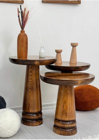 Resim ASELYA HOME Ahşap 3’lü Set Mantar Yan Sehpa Modern Açık Ceviz Fiskos Zigon Çiçeklik 