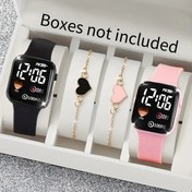 Resim 4 adet Sevimli Saat Çift Saat Spor Moda Parti Süsleri Silikon Bantlar Elektronik Saat Romantik Kalp Zinciri Süs Bilezik Seti Paskalya Ramazan Anneler Günü Tatil Hediyeleri Doğum Günü Hediyeleri Kadınlar İçin En İyi Seçim 