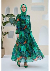 Resim Neşeli Butik Kadın Yeşil Kemerli Tesettür Şifon Elbise Sms025 Yeşil 