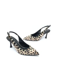 Resim Feles Zımba Şerit Detaylı Arkası Açık Stiletto Kadın Topuklu Ayakkabı Leopar 