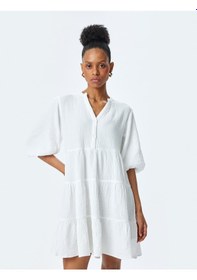 Resim Koton Pamuklu Katmanlı V Yaka Kısa Balon Kollu Mini Müslin Elbise Beyaz 5sak80128pw Beyaz 