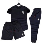 Resim Fifty Color Ny Baskılı 3'lü Slim Fit Unisex Tshirt-Şort-Eşofman Takımı - Siyah 