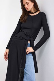 Resim it's basic Kadın Siyah w5 Maxi Boy %100 Organik Kumaş Tasarım Belden Bağlamalı Tunik 