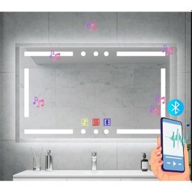 Resim 120x80 H Cm Bluetoothlu Buğu Çözücülü Dokunmatik Işıklı Kumlamalı Banyo Aynası 