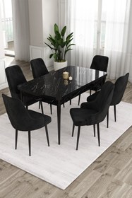 Resim Canisa Ram Serisi 80x132 Açılabilir Mutfak Masası Takımı Siyah Mermer Desen Masa 6 Siyah Sandalye 