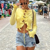 Resim Kadınlar için Şık Kısa Kollu Hırka - Canlı Sarı, Dar Kesim Tekne Yaka ve 3D Fırfırlı Kollar, İlkbahar Yaz Sonbahar İçin Hafif, Günlük Kullanım, Tatil & Rahat Giyimler İçin Çok Yönlü, Tekne Yaka Kazaklar, Mevsimsel Moda, Konforlu 