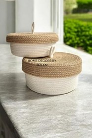 Resim 2 Li Hasır Sepet Takımı Kapaklı Sepet Organizer El Emeği Düzenleyici-22X13/20X10Cm Ekru Hasır 
