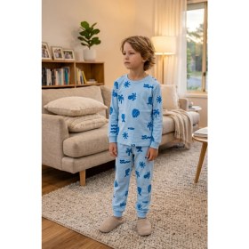 Resim Zuzunga Deniz Temalı Mavi Renk %100 Pamuk Erkek Çocuk Pijama Takımı 