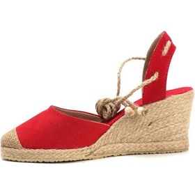 Resim Star Tombis Gerçek Elişi Topuğu Açık Bilekten Bağlamalı Bej Dolgu Topuk Keten Hasır Espadril Handmade Kırmızı 