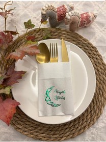 Resim Yeşil Yaldızlı Hayırlı İftarlar Ay Desenli 12 Li Beyaz Renkli Kağıt Cepli Peçete 