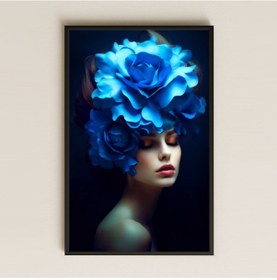 Resim Altın Dokunuşlu Mavi Çiçekli Kadın Portresi Temalı Estetik Pleksi Tablo 