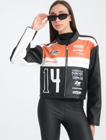 Resim Black Level Kadın Oversize Baskılı Deri Şeritli Motorcu Montu Garnili Fermuarlı Yarışçı Ceketi Bomber Kolej Mont 
