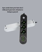 Resim Akım Korumalı Anahtarlı Usb Girişli Üçlü Priz 