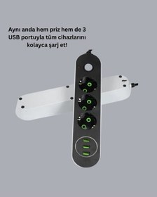 Resim Akım Korumalı Anahtarlı Usb Girişli Üçlü Priz 