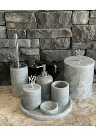 Resim Gri Polen Stone Mermer Japon Gülü Gümüş Aksesuarlı 7'li Banyo Seti Beyaz 