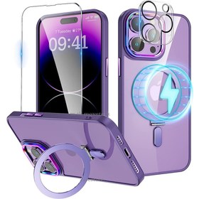 Resim MTK Moveteck iPhone 14 Pro Max Kılıf Kamera Lens Çevresi Hologramlı Metal Megsafe Halkalı 3in1 Set 