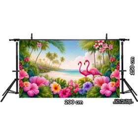 Resim Venspor Tropikal Flamingo ve Çiçeklerle Süslenmiş Sahil Arka Planı, 200x150cm Fon Duvar Örtüsü 