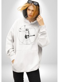 Resim Anatomy Gitar Leonardo Kadın Erkek Beyaz Kapüşonlu Sweatshirt Hoodie Beyaz 