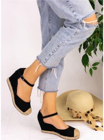 Resim Gerçek Elişi Burnu Hasırlı Keten Siyah Espadril Dolgu Topuk Handmade Siyah 