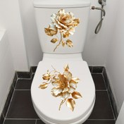 Resim 2 adet Altın Gül Tuvalet Çıkartması - Banyo ve Yüzeyler için Şık Mat Çiçek Desenli Dekoratif Yapışkanlı Kaba Tuvalet Kapak Süsü, Beyaz ve Altın Tasarım, Kolay Uygulanabilir, Tuvalet Çıkartmaları 