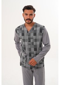 Resim Çift Kaplan Erkek Çilli Desen Önden Düğmeli Gri Pijama Takımı 8032 Gri 