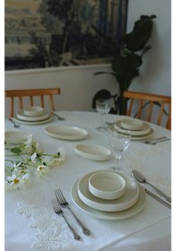 Resim Akacihome Yaprak Güpürlü 4'lü Amerikan Servis& Runner Gardenya Keten Yıkanabilir Leke Tutmaz Premium Çeyiz Set Krem 