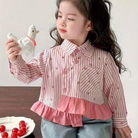 Resim Kızlar için Bahar/Sonbahar Rahat Uzun Kollu Gömlek - Sevimli Çizgili Düğmeli Gömlek, Yırtmaçlı Yaka, Rahat Giyim İçin Çok Yönlü Düz Renk Üst, Kızlar için Bahar Kıyafetleri, Yumuşak Dokulu Giyim 