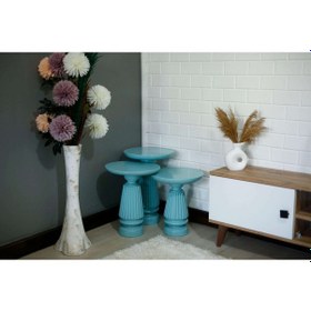 Resim 3'lü Oval Turkuaz Çizgili Yan Sehpa Kahverengi 