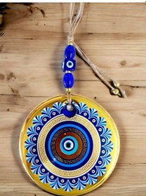 Resim Gold Cam Üzeri Mavi Motifli Nazar Boncuklu Göz Detaylı Duvar Süsü 02-10mm 5yards 